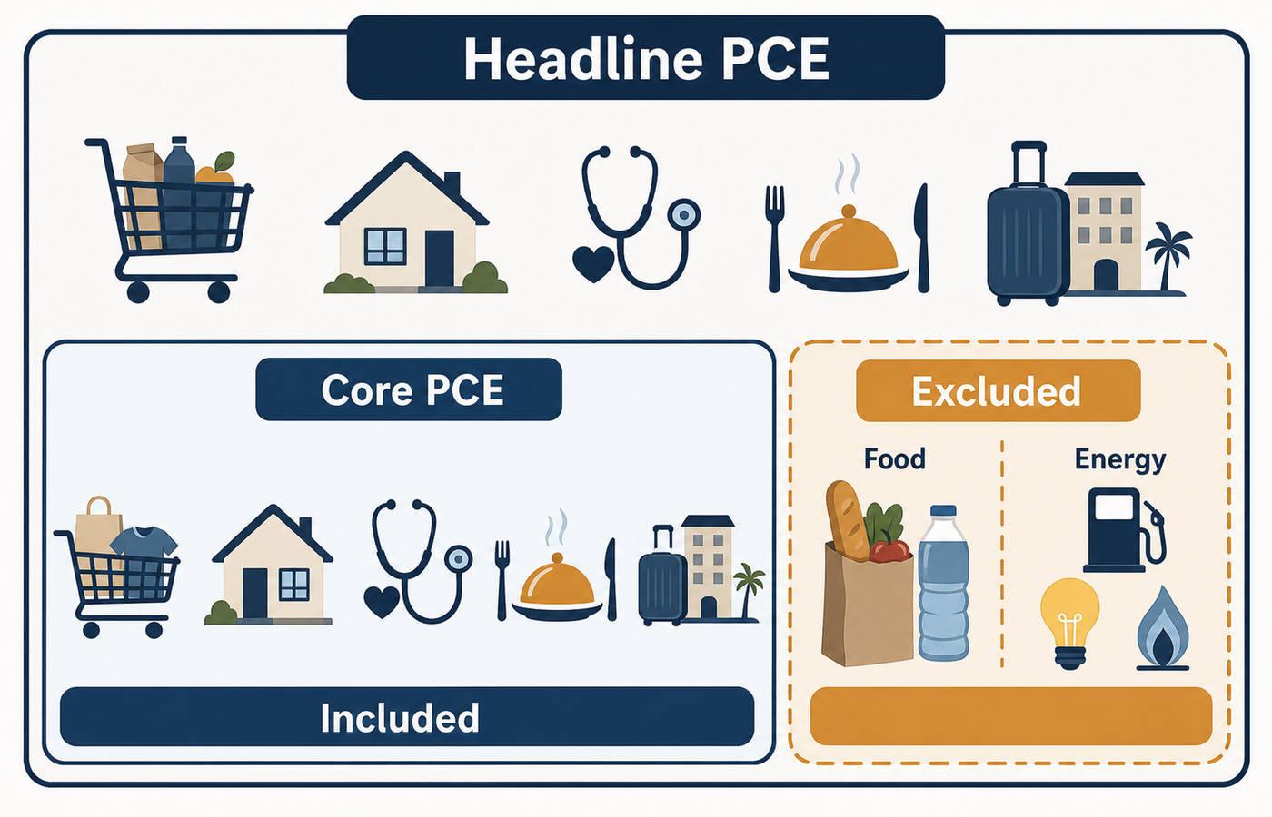 Comparison diagram showing the scope of core PCE by excluding food and energy from headline PCE