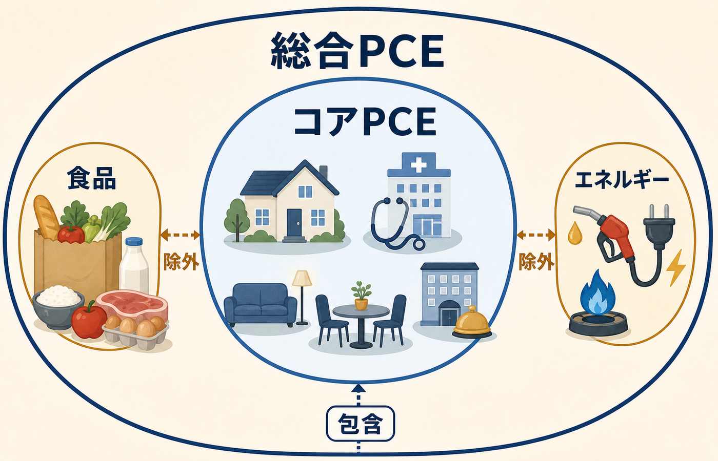 総合PCEから食品とエネルギーを除いたコアPCEの範囲を示す比較図