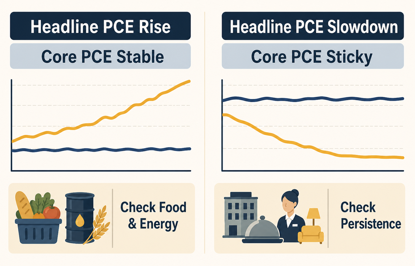 Diagram comparing two divergence scenarios between headline PCE and core PCE and the inflation factors to examine
