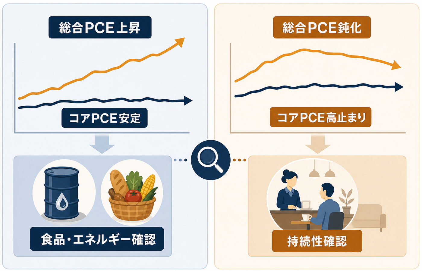 総合PCEとコアPCEが異なる動きを示す2つの状況と、確認すべき物価要因を比較した図